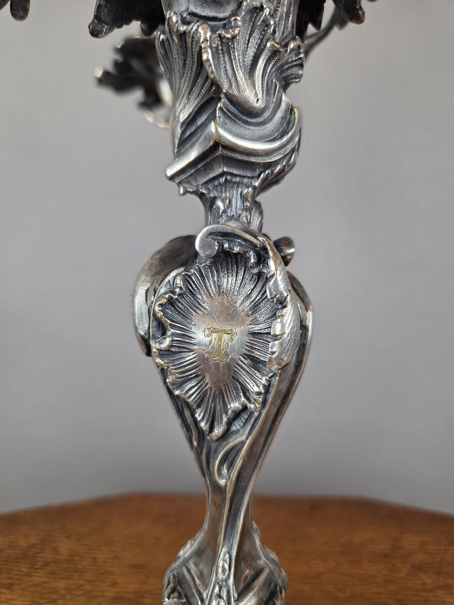 Pair of Louis XV-style candelabra in silver-plated bronze