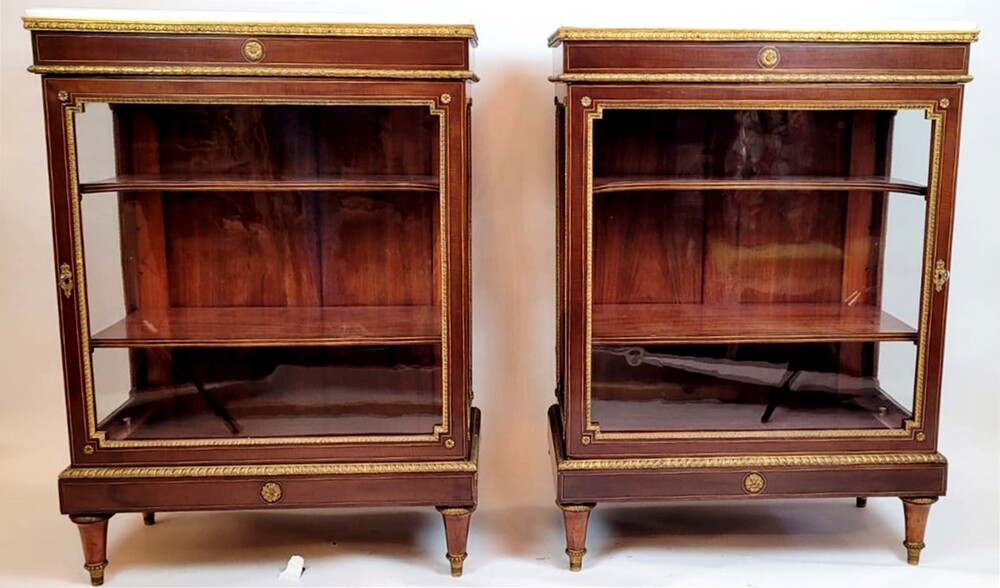 pair of mahogany display cases and Carrara marble shelves - pear wood and ebony fillets
