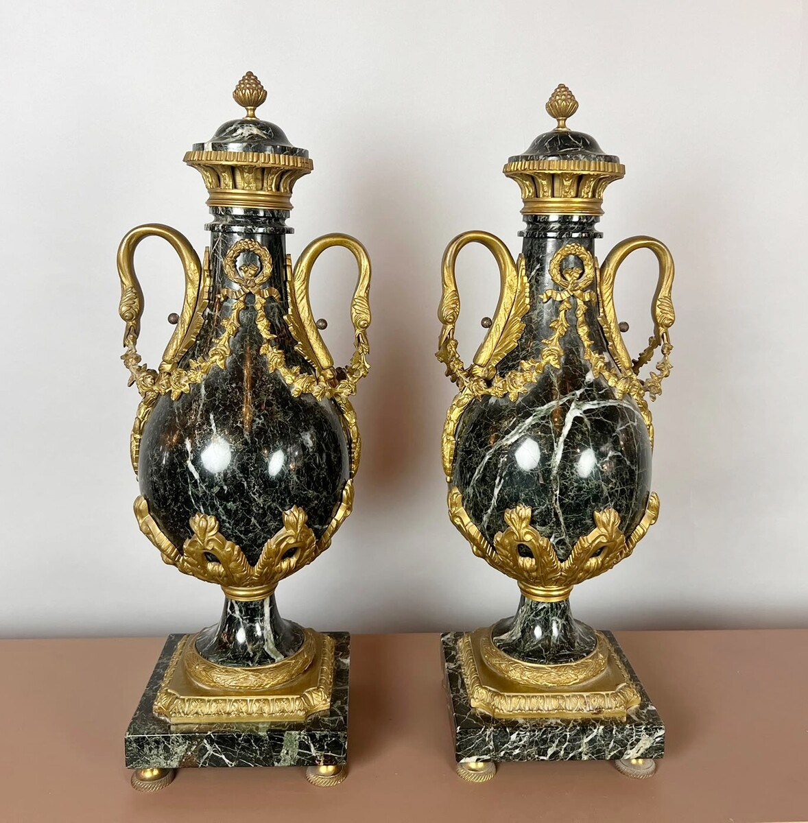 Pair of marble and bronze casserole dishes, 19th century
