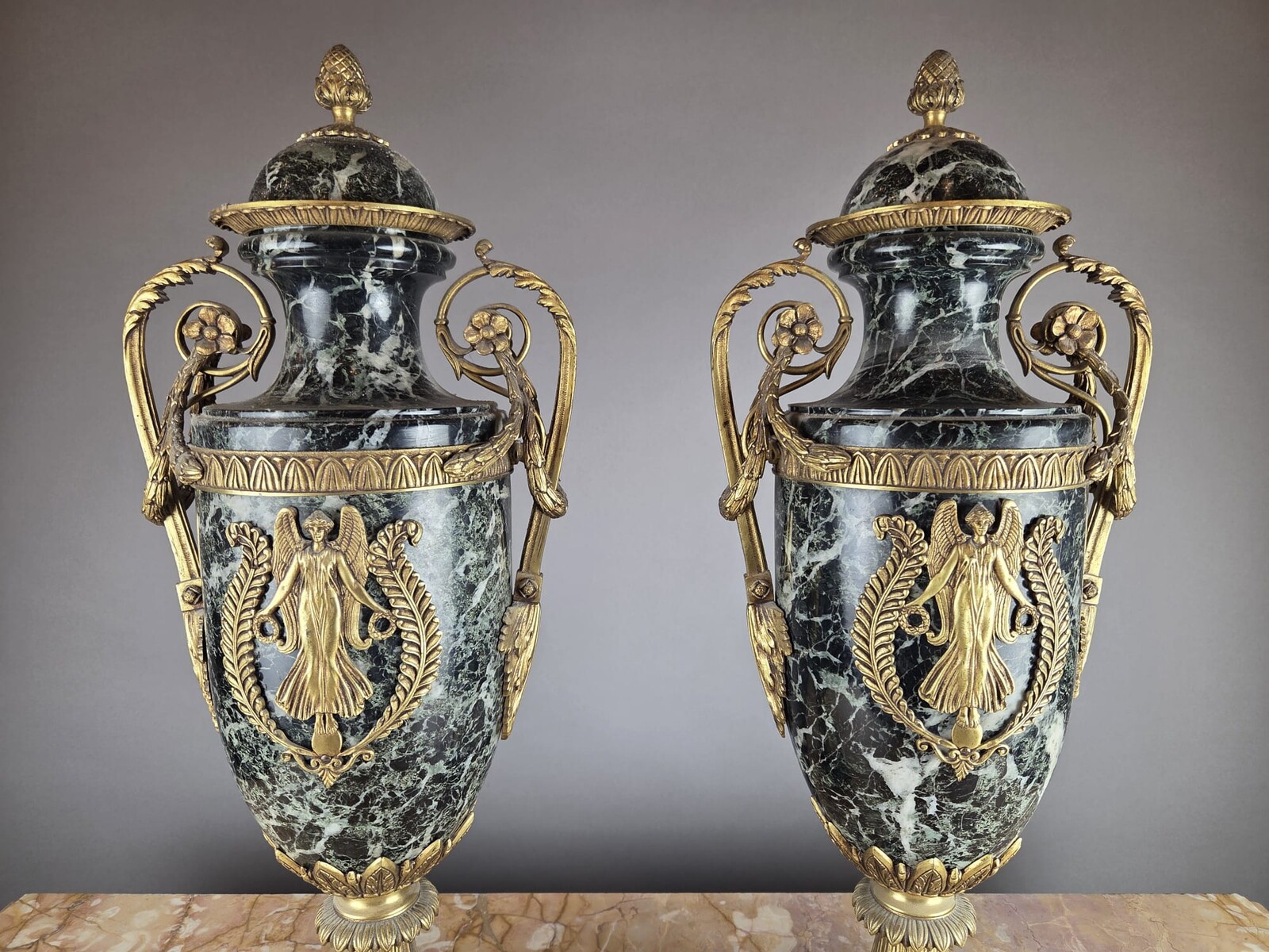 Pair of marble and gilded bronze cassolettes, 19th
