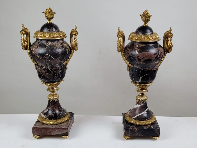 Pair of marble cassolettes richly decorated with bronze 