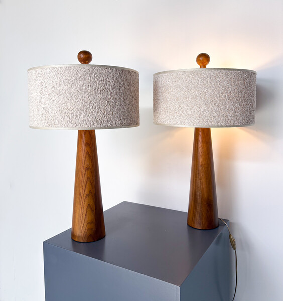 Pair of modern, conical wooden table lamps with looped fabric shades, Italy