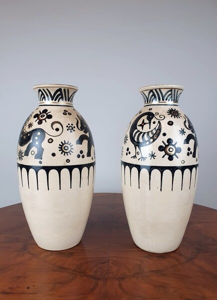 Pair of painted ceramic vases - Belgium St Ghislain? - around 1940