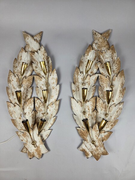 Pair of painted sheet metal and brass wall lights, 20th century
