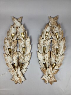 Pair of painted sheet metal and brass wall lights, 20th century