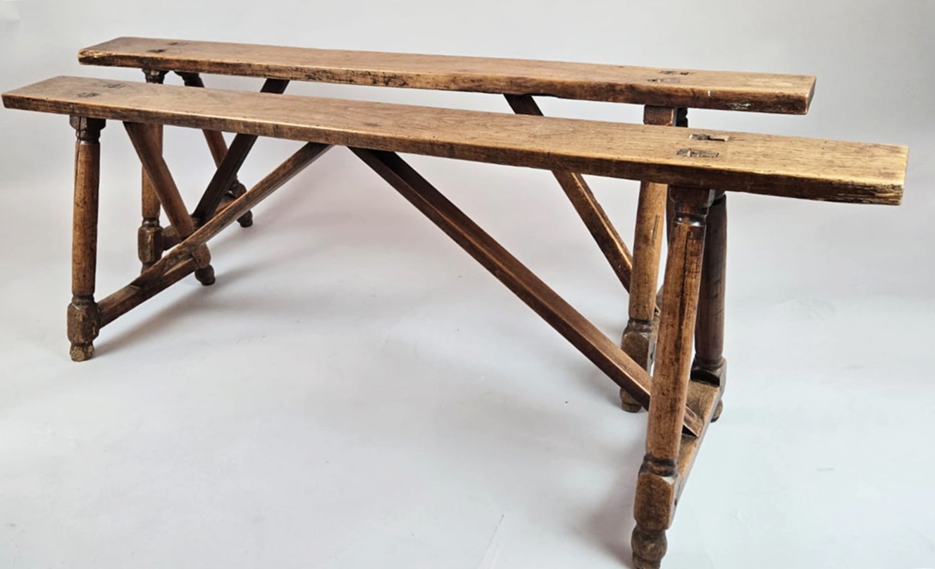 Pair Of Patinated Wooden Benches, 19th Century 