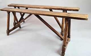 Pair Of Patinated Wooden Benches, 19th Century 