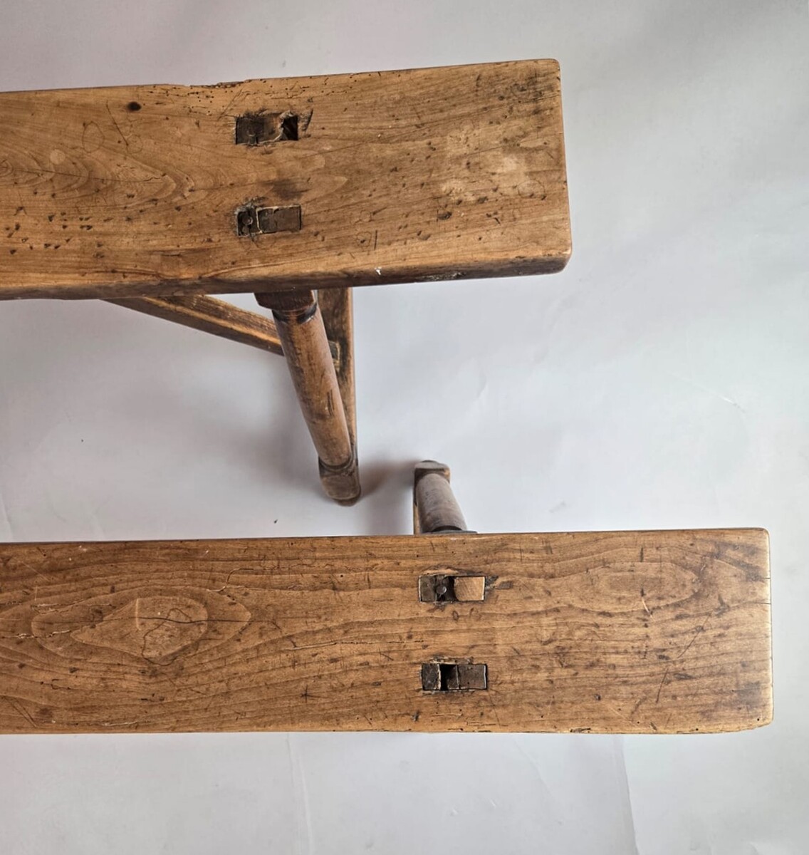 Pair Of Patinated Wooden Benches, 19th Century 