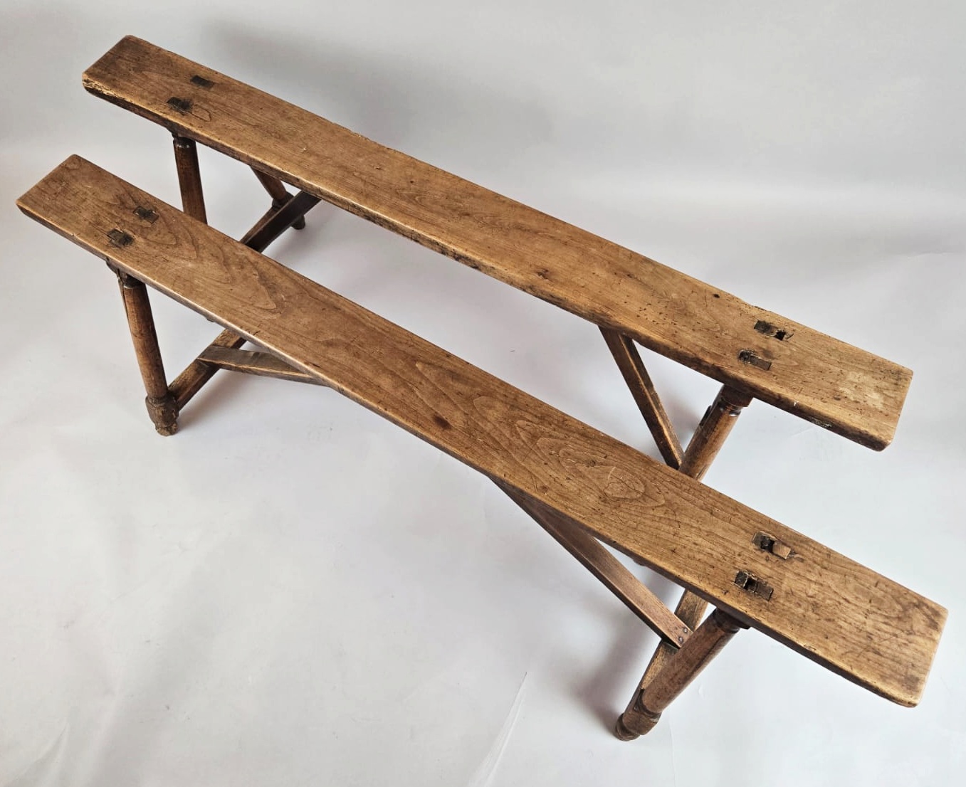 Pair Of Patinated Wooden Benches, 19th Century 