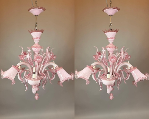 Pair of pink Murano glass chandeliers
