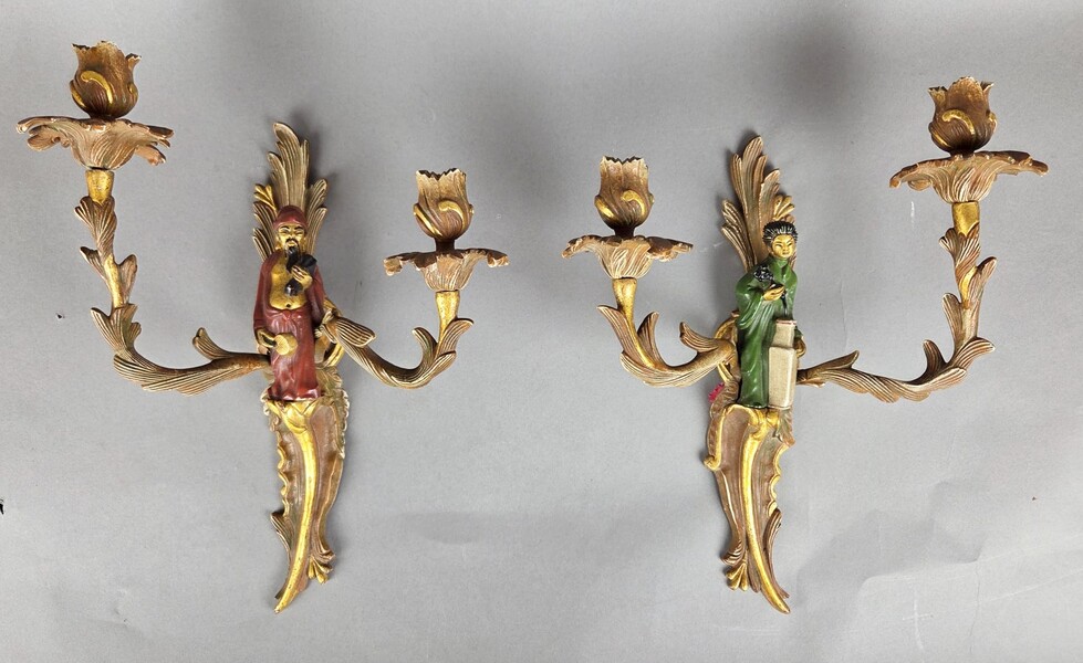 Pair of polychrome bronze sconces in the Maison Janssen style