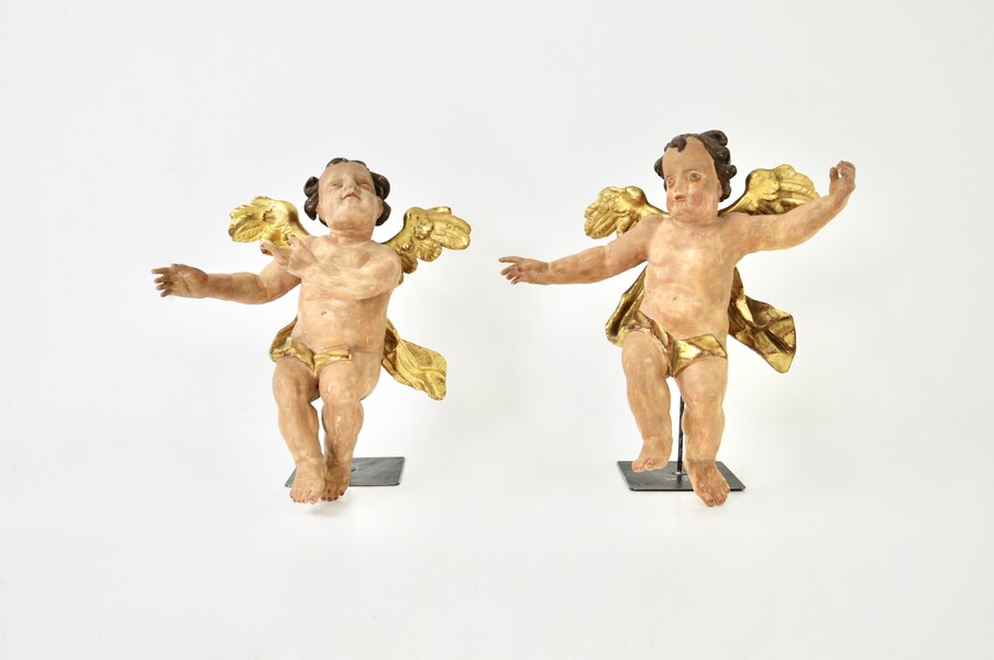 Pair of polychrome wooden angels