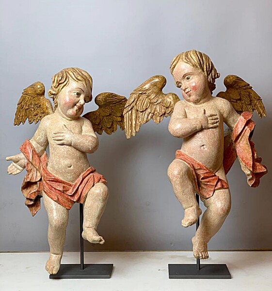 Pair of polychrome wooden cherubs, 18th.c 