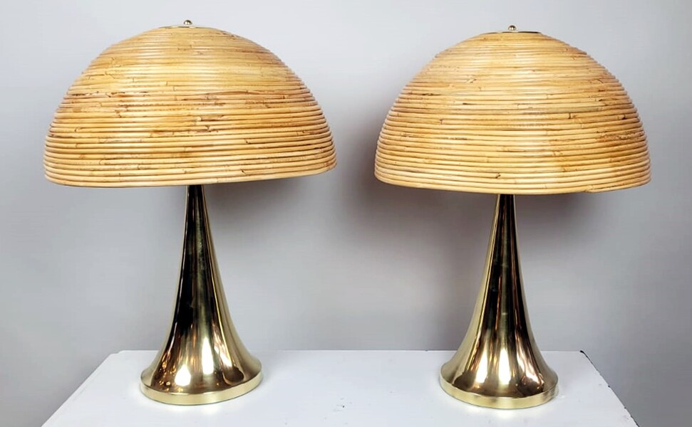 Pair of rattan and lightly gilded chrome lamps