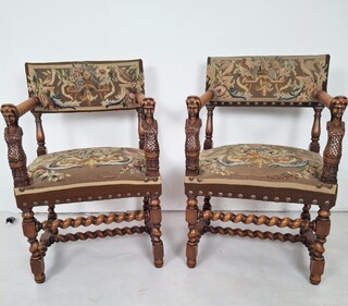 Pair of Renaissance-style armchairs, upholstered in tapestry, 19th century