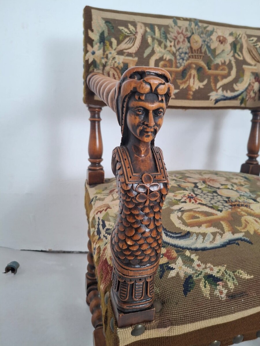 Pair of Renaissance-style armchairs, upholstered in tapestry, 19th century