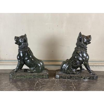 Pair of serpentine marble dogs, after the Jennings dog