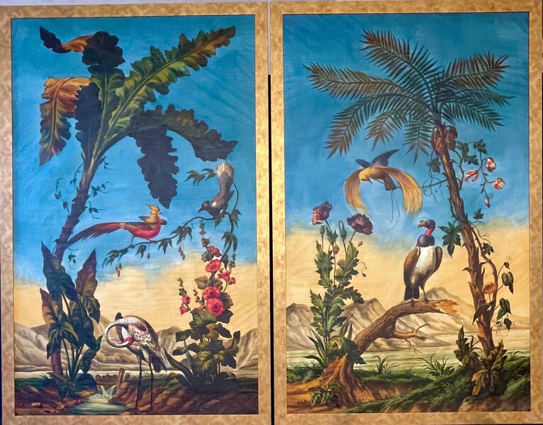 Pair of tempera on canvas, landscapes with exotic birds, follower of J. Barraband, ca 1820.