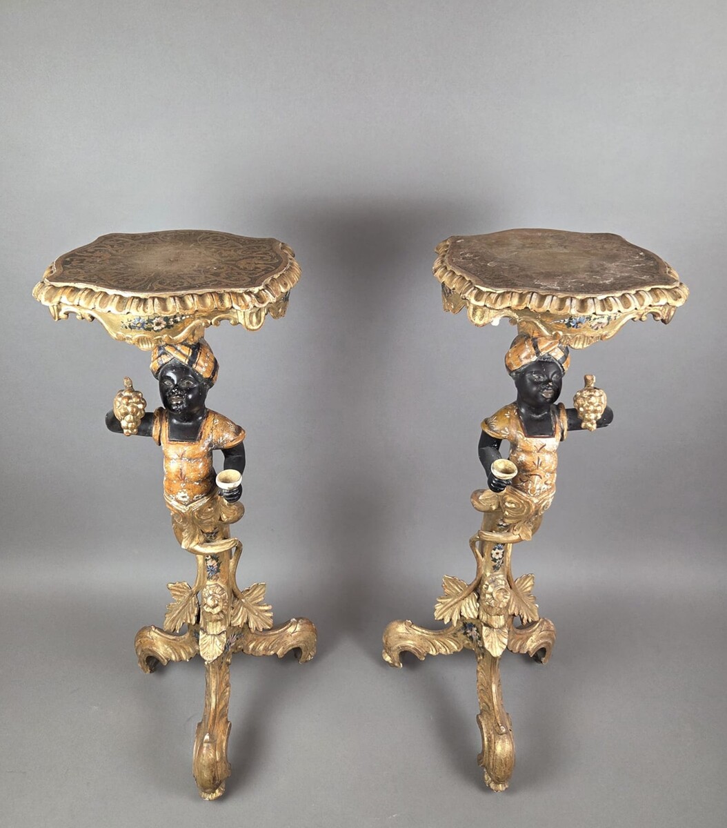 Pair of Venetian giltwood and polychrome sellettes, late 19th century