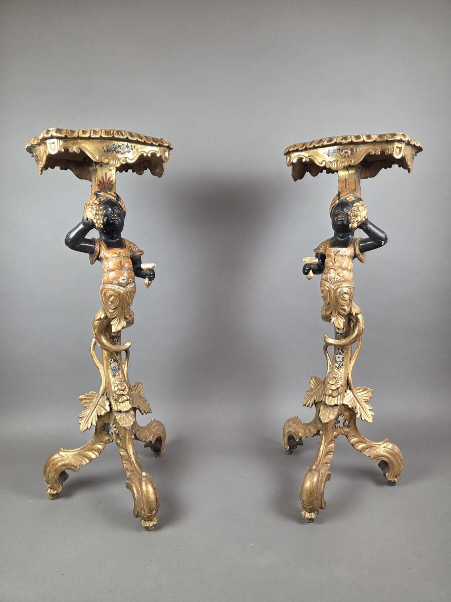 Pair of Venetian giltwood and polychrome sellettes, late 19th century