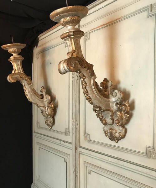 Pair Of Wall Sconces Carved Polychrome And Gilded, Northern Italy