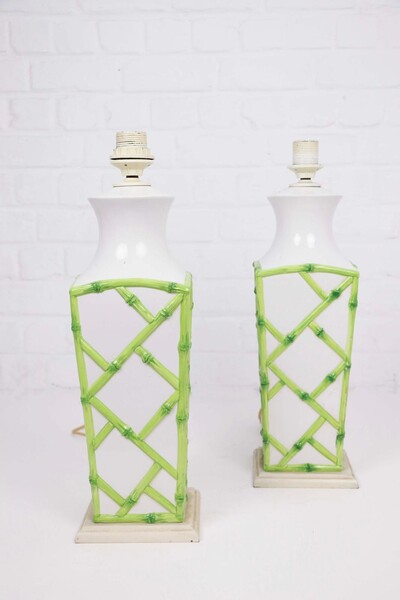 Pair of white and green earthenware lamps