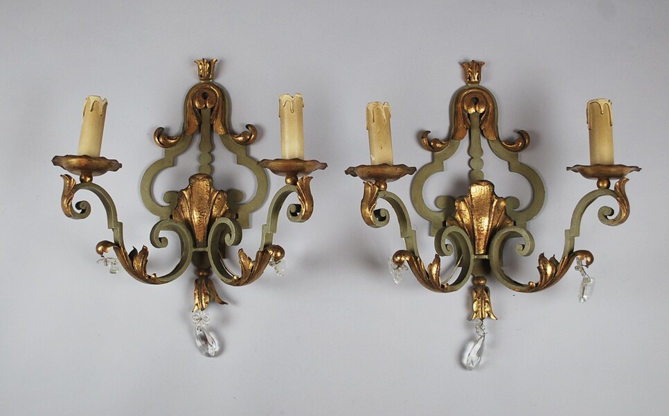 Pair of wrought iron wall lights, circa 1940