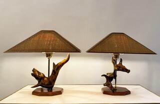 Pair of Zoomorphe Lamps in olive wood and rattan lampshades