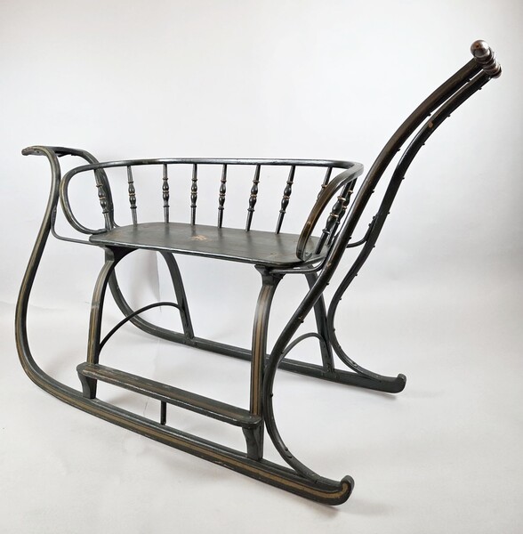 Patinated green and gold wooden sled bench, late 19th century