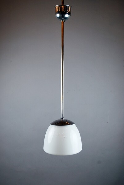 Pendant lamp signed Elte in white opaline and chromed metal