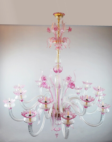 Pink Murano glass chandelier, 2 available