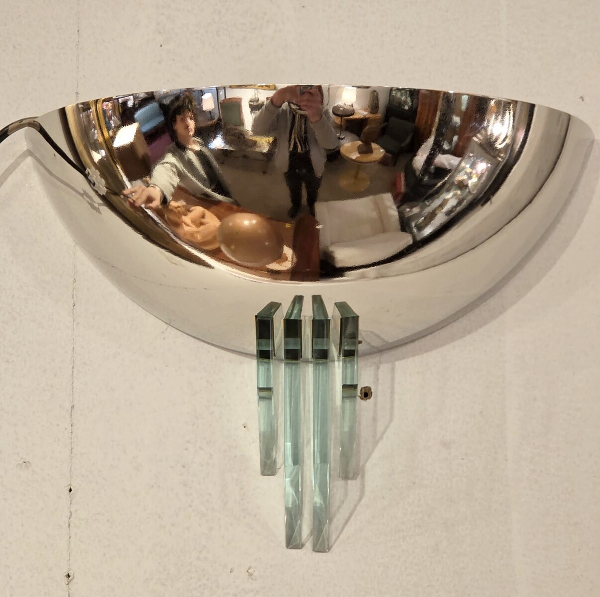 Pollin, pair of modernist sconces in chromed metal and glass, circa 1940