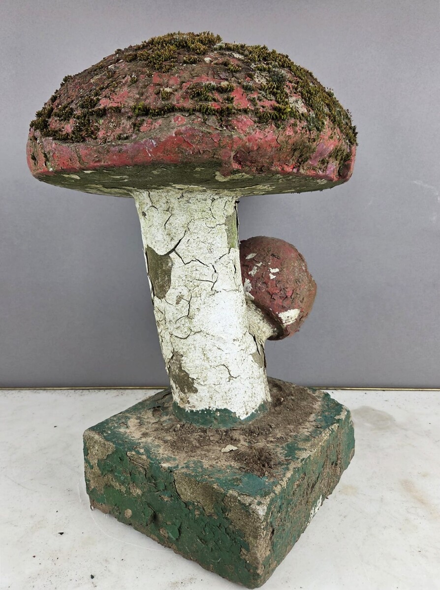 Polychrome cement mushroom, circa 1970