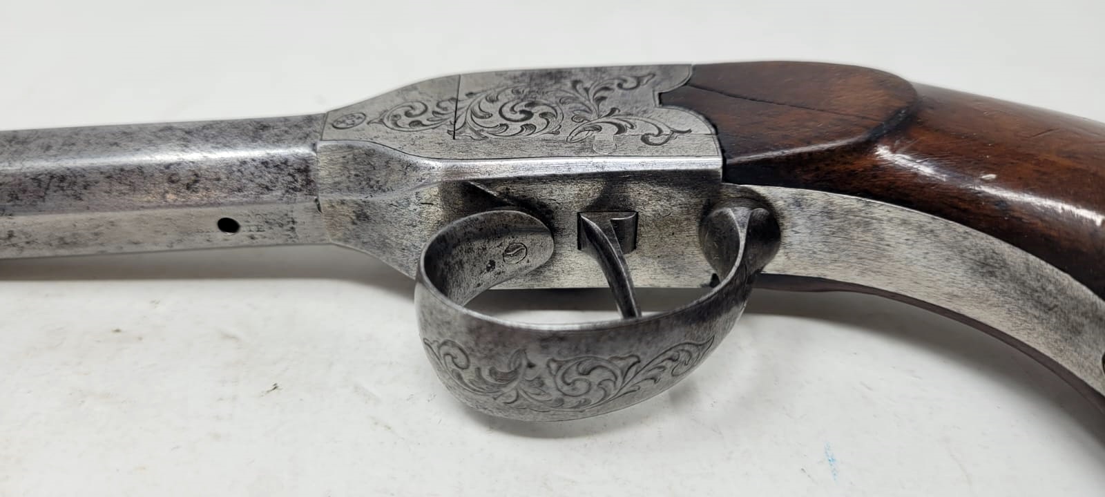 rare needle percussion pistol - side hammer - cenon damascus rifled barrel unscrewable for loading - Liège circa 1850