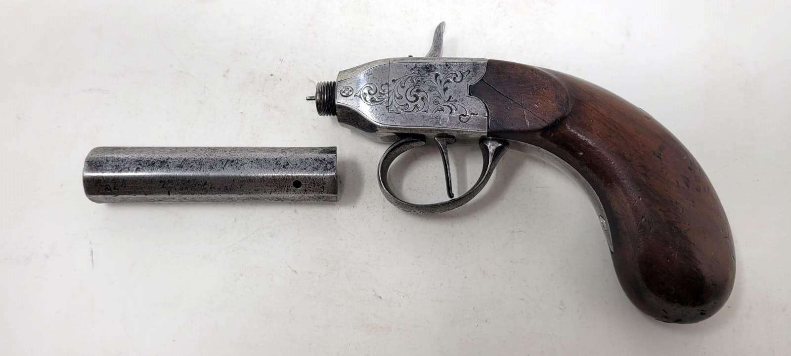 rare needle percussion pistol - side hammer - cenon damascus rifled barrel unscrewable for loading - Liège circa 1850