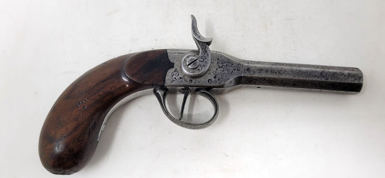 rare needle percussion pistol - side hammer - cenon damascus rifled barrel unscrewable for loading - Liège circa 1850