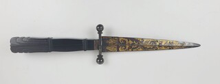 Romantic dagger, carved ebony handle, beautiful blade decorated with blue and gold patterns