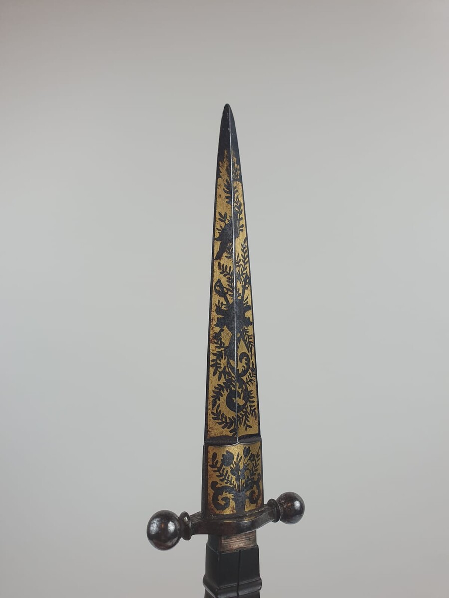 Romantic dagger, carved ebony handle, beautiful blade decorated with blue and gold patterns