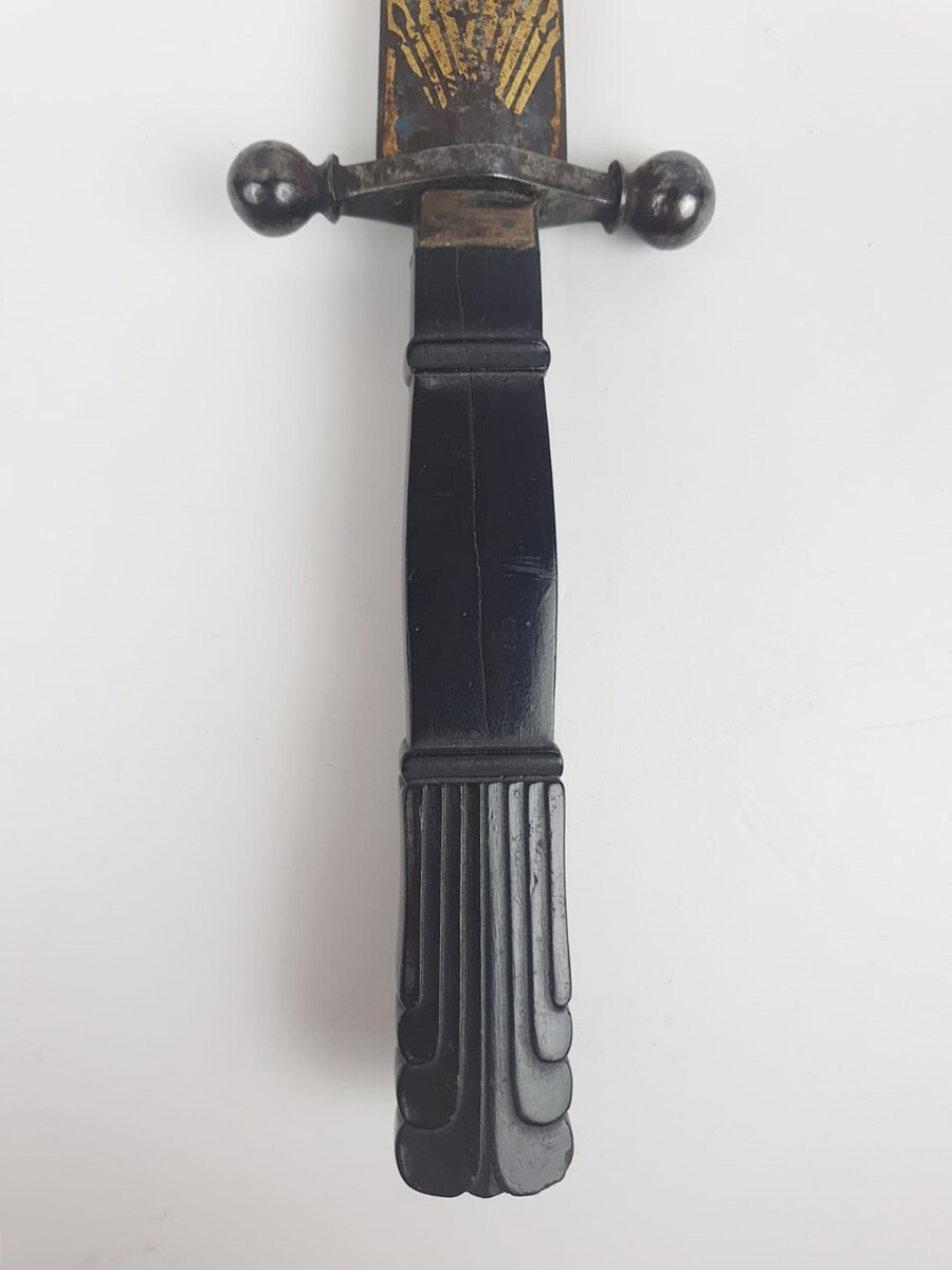 Romantic dagger, carved ebony handle, beautiful blade decorated with blue and gold patterns
