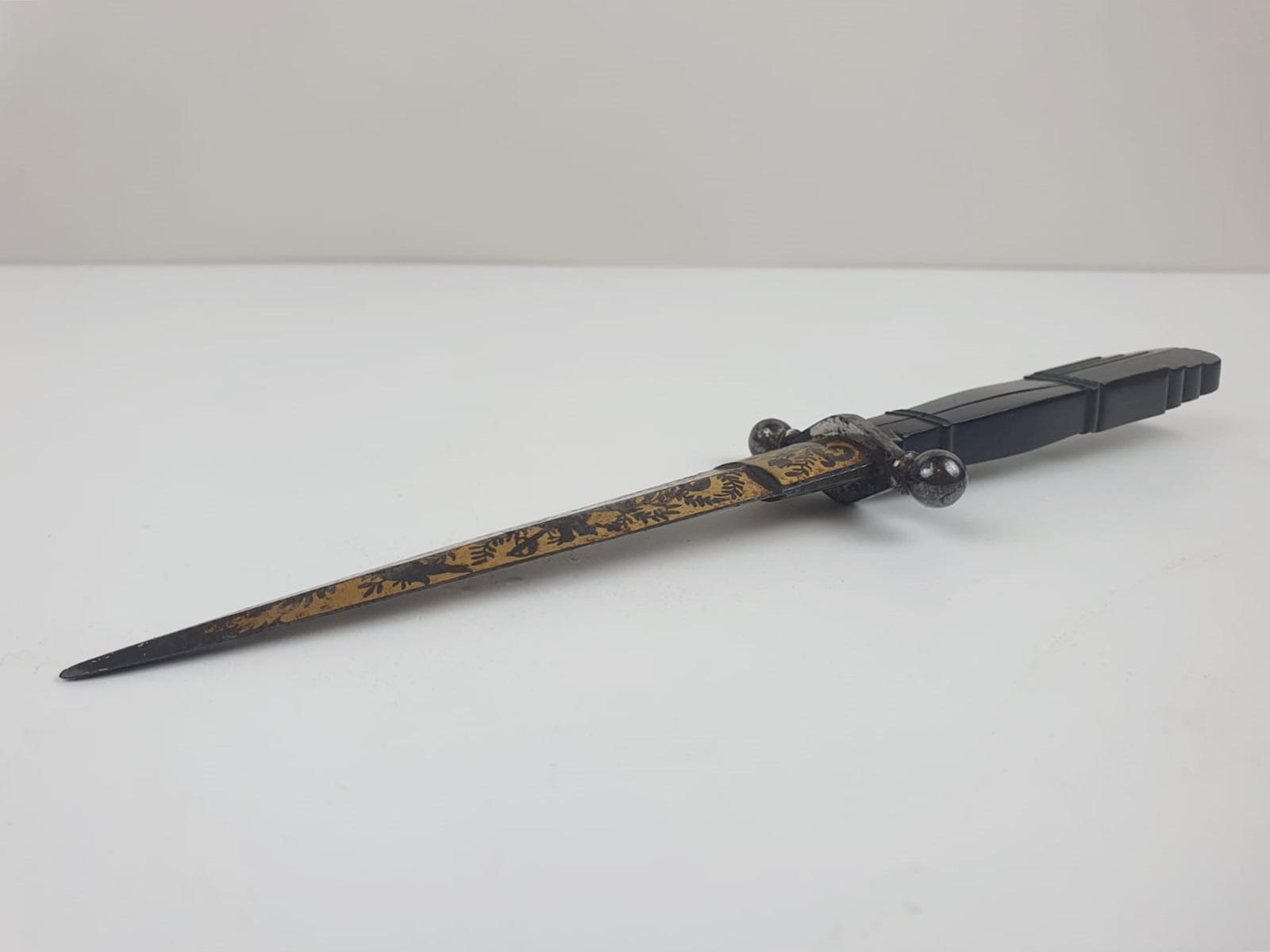 Romantic dagger, carved ebony handle, beautiful blade decorated with blue and gold patterns