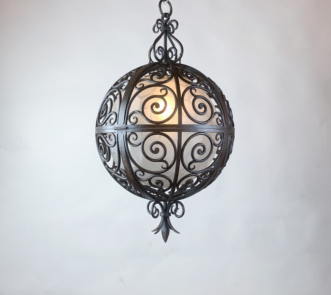 Round Wrought Iron Pendant With Inner Glass Sphere - C.1930 