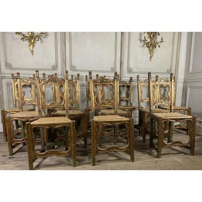 Set of 12 carved wooden italian chairs