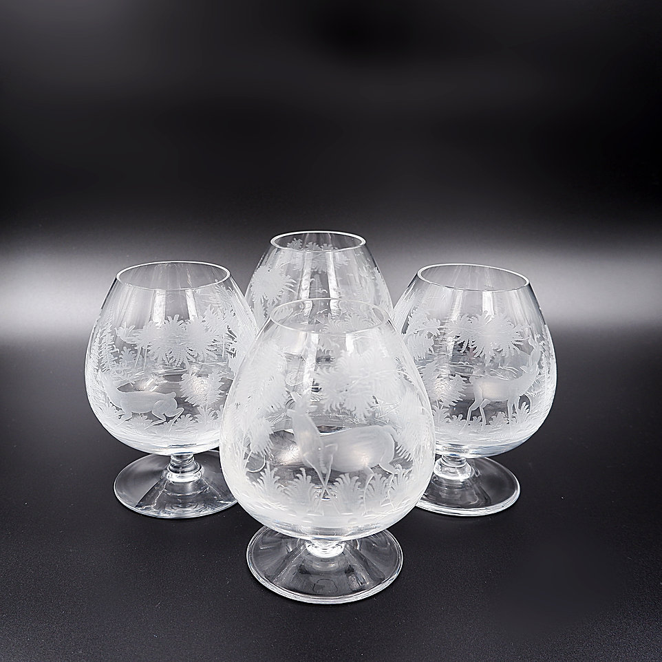 Set of 4 acid-etched with forest scenes brandy snifters glasses