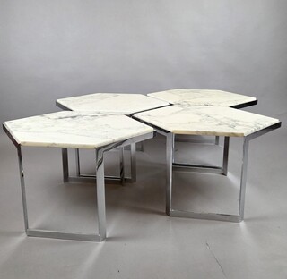 Set of 4 coffee tables made of chrome-plated steel with marble tops, circa 1970