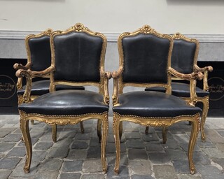 Set of 4 Louis XV style armchairs in gilded wood and black leatherette, 20th century
