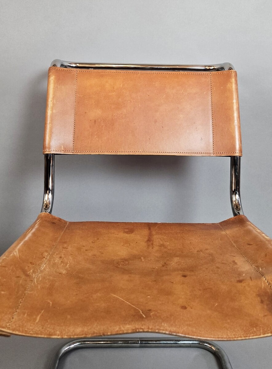 Set of 6 Thonet chairs in tubular metal, yellow leather seats.