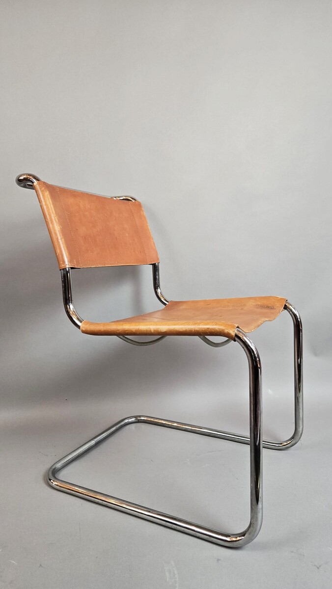 Set of 6 Thonet chairs in tubular metal, yellow leather seats.