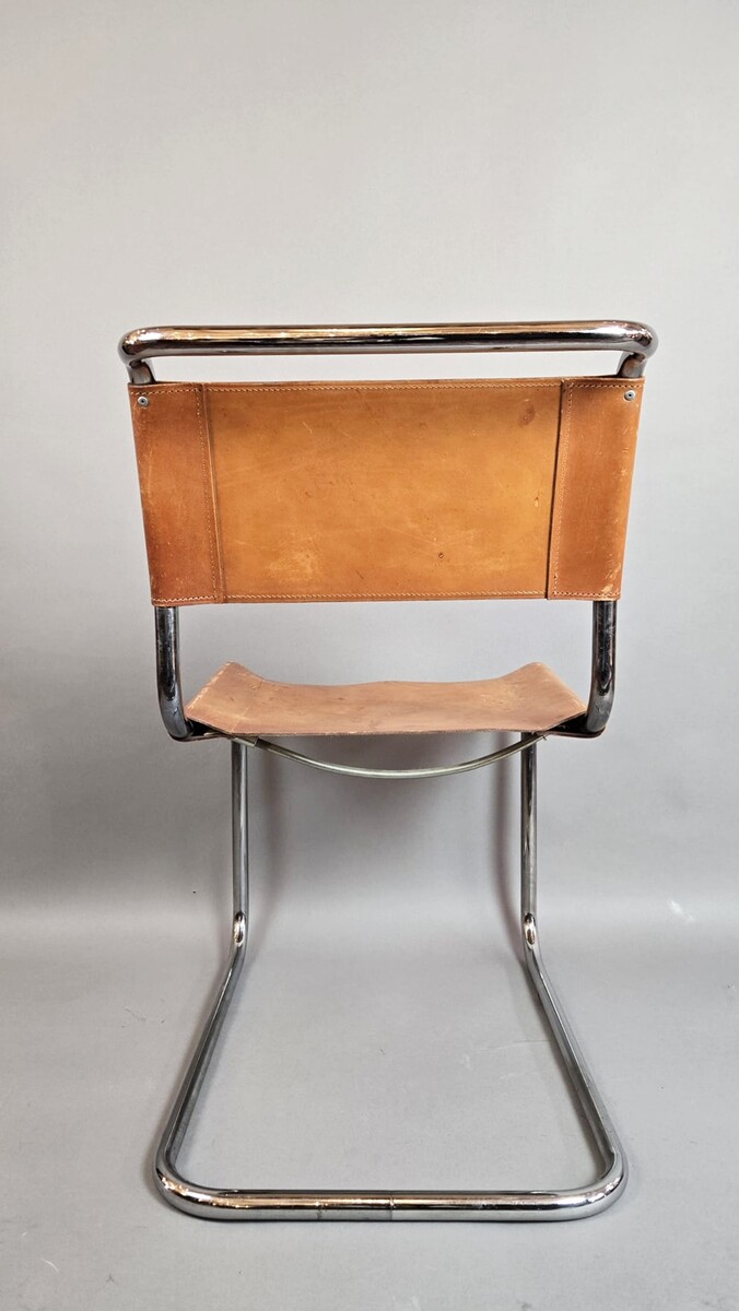 Set of 6 Thonet chairs in tubular metal, yellow leather seats.