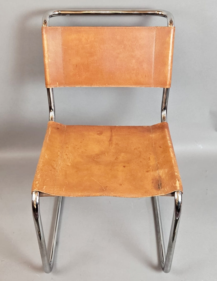 Set of 6 Thonet chairs in tubular metal, yellow leather seats.