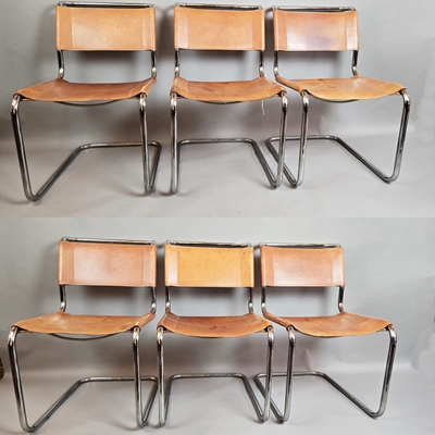 Set of 6 Thonet chairs in tubular metal, yellow leather seats.